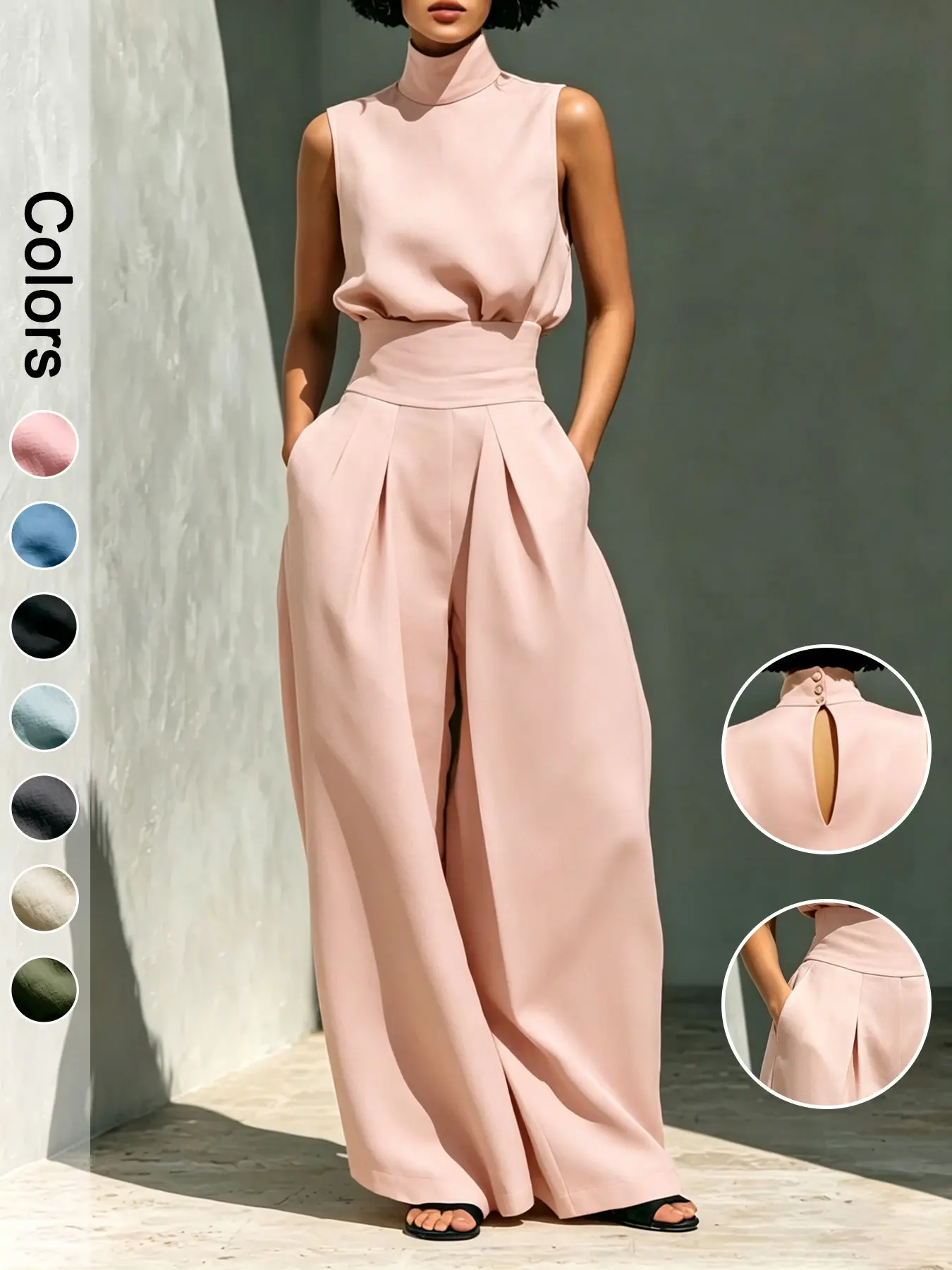Elegant Chic Monochrome Two-Piece Set for Women, Simple Style Linen-Like Blend High-Neck Sleeveless Top and Wide Leg Pants Womenswear Clothes Clothing Set