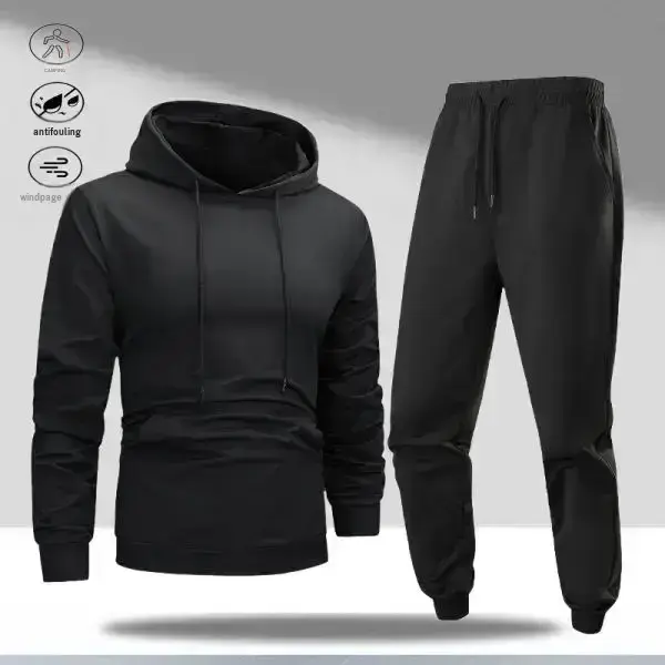 Men's 2-Piece Elastane Polyester Blend Sweatsuit Set - Casual Streetwear Workout Tracksuit, Drawstring Hood Long Sleeve Sweatshirt, Elastic Cuff Jogger Pants, Solid Minimalist for City Strolls, Father's Day Gift, Streetwear Tracksuit Set, Workout Set