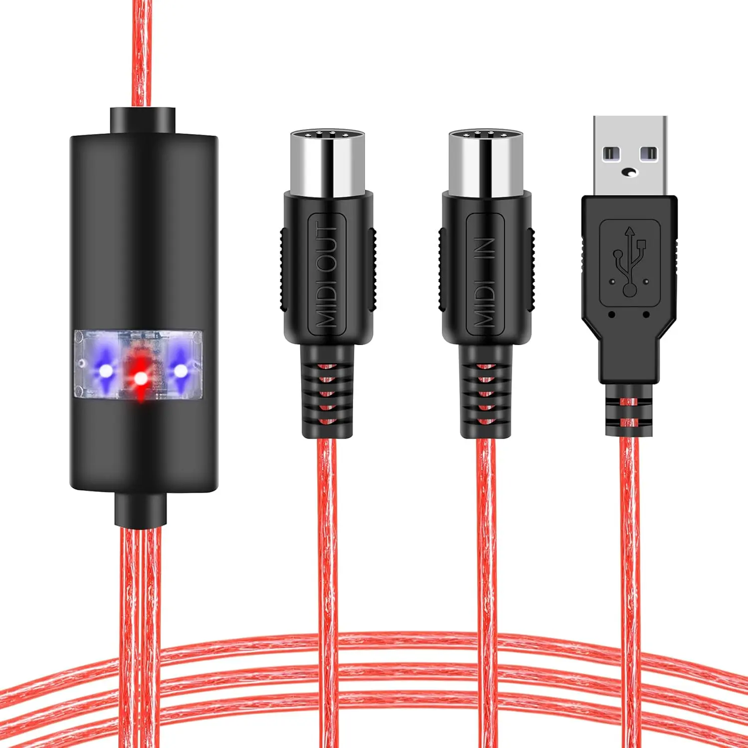 Oxsubor USB MIDI Cable - Upgraded Professional MIDI to USB In-Out Adapter Accessories with Plug-and-Play, Data Transfer for Piano Keyboard to PC/Laptop Editing&Recording, 2M(6.5FT) Red