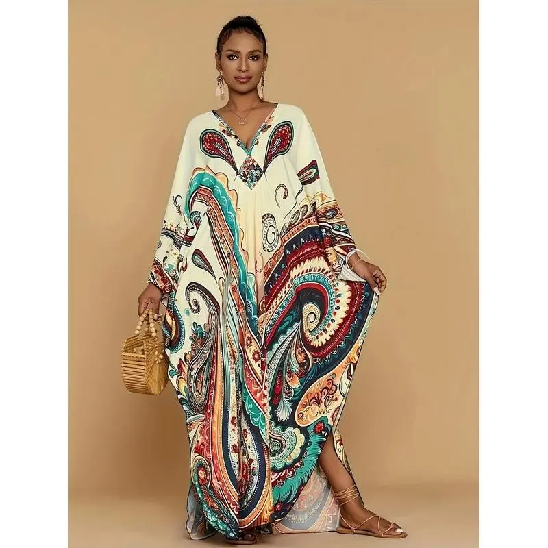 Bohemian Printed Kaftan Dresses for Women Four-sided Elastic V-neck Bat Sleeve Beach Coverup Casual Plus Size Ethnic Dress for Home Vacation Swimwear
