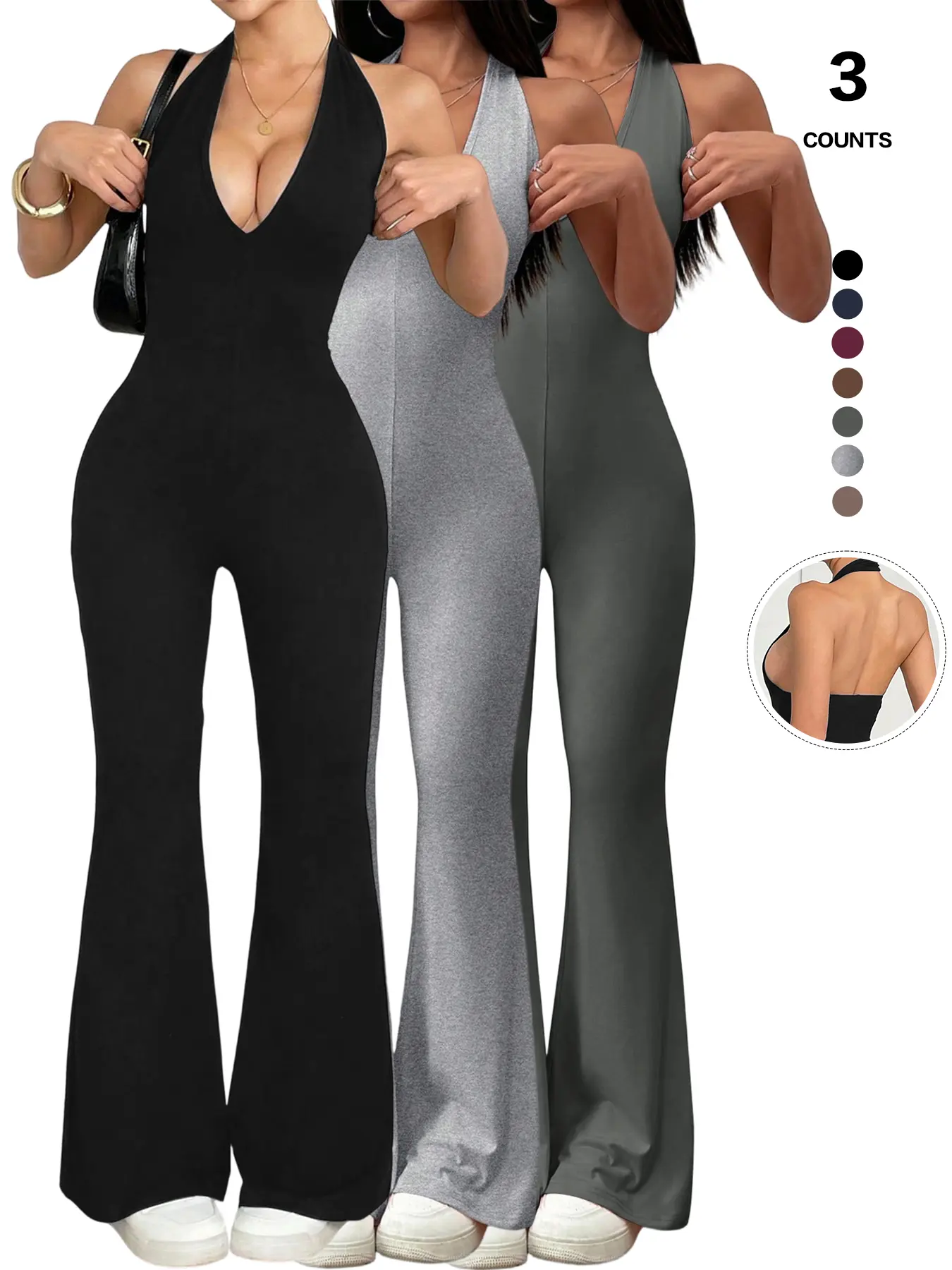 Fall Women Halter Backless Sleeveless Jumpsuit, Deep V Neck Slim Fit, Cinching Waist, Flare Leg Romper, Figure-Hugging, Height-Enhancing