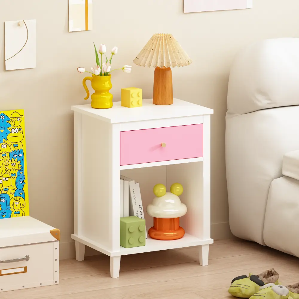 Littleox 26.77''H Wooden Nightstand with One Drawer One Shelf for Kids, Adults, Pink+Golden handle