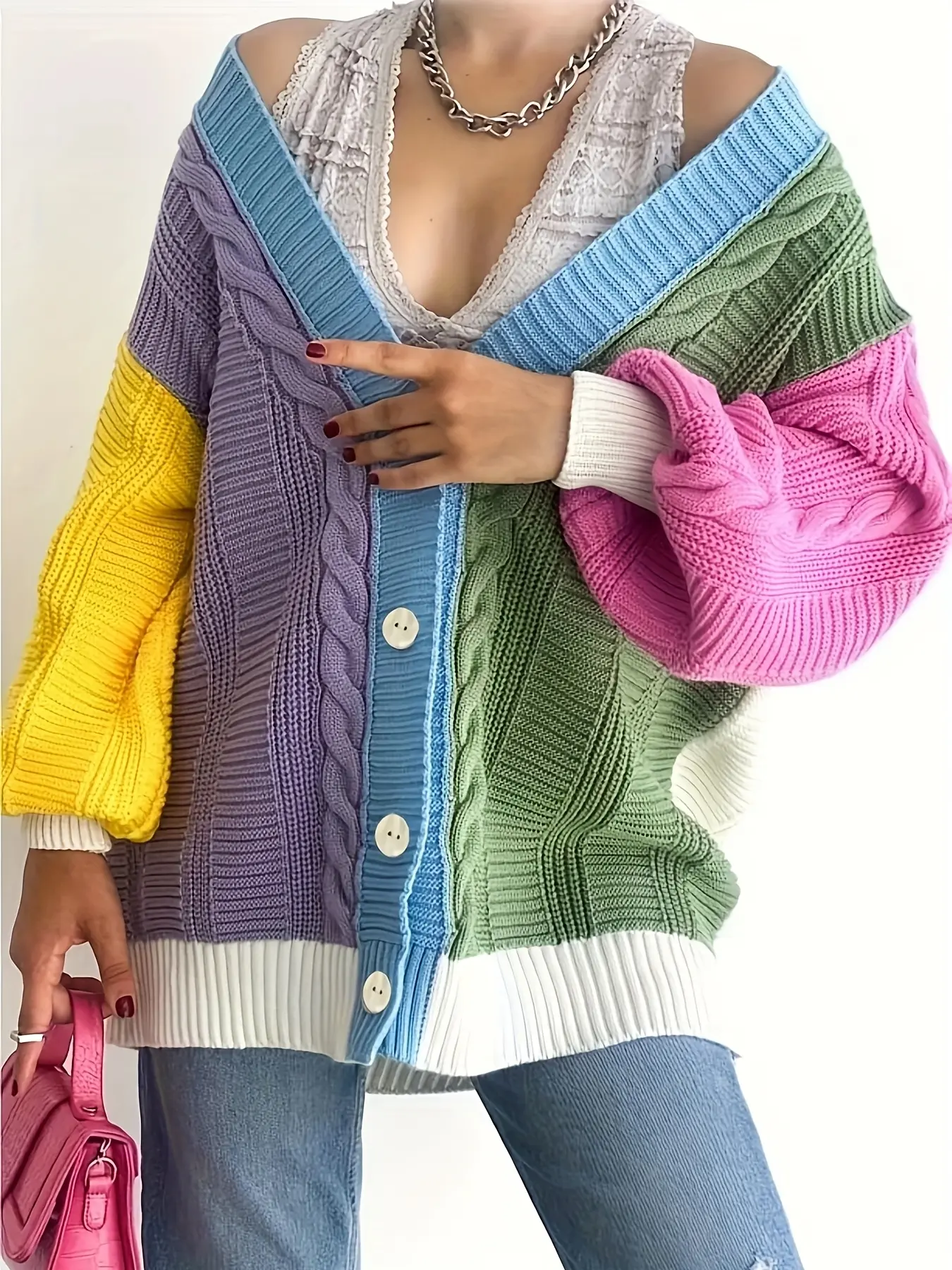 Women's Colorblock Loose-Fit Knitted Button-Up Cardigan, Casual Korean Style Sweater, Perfect for Fall & Winter, Comfortable and Stylish