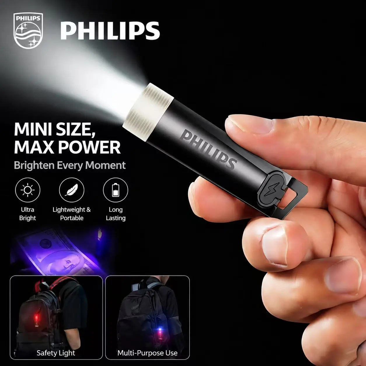 Philips Rechargeable Keychain EDC Flashlight, 200 Lumen Mini Pocket Light with UV, Red‑Blue Warning Strobe, Type‑C Charging, Built‑in Ruler & Box Opener for Camping Emergency, Portable Emergency Light