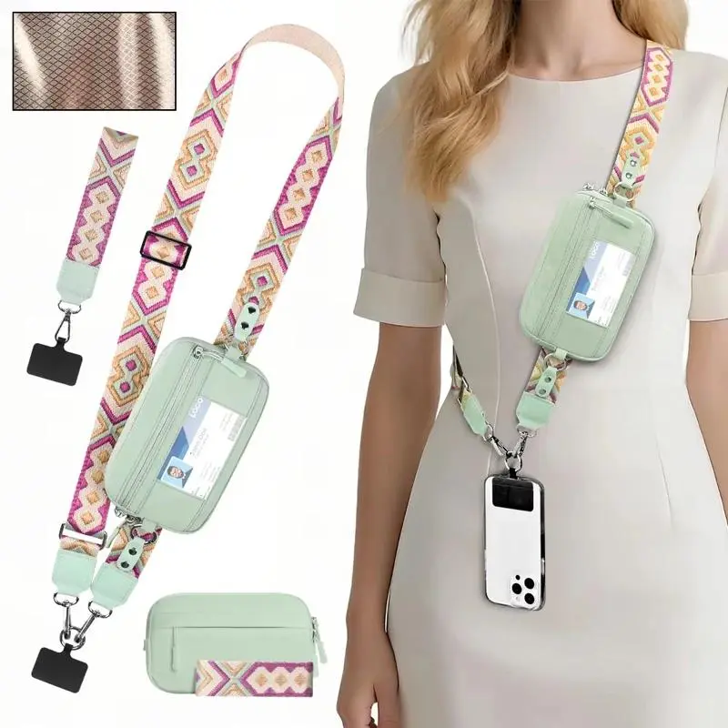 Trend Stripes Diagonal Cross Mobile Phone Lanyard Strap with Multifunctional Wallet Portable Storage Bag for Travel Anti Loss