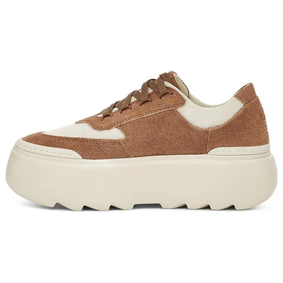 Women's UGG PU Comfort Casual Platform Low-Top Sneakers - Chestnut Brown, House White Walking Footwear - Maison Mihara Verifiable with Credentials & Global Authentication, Walking Shoes