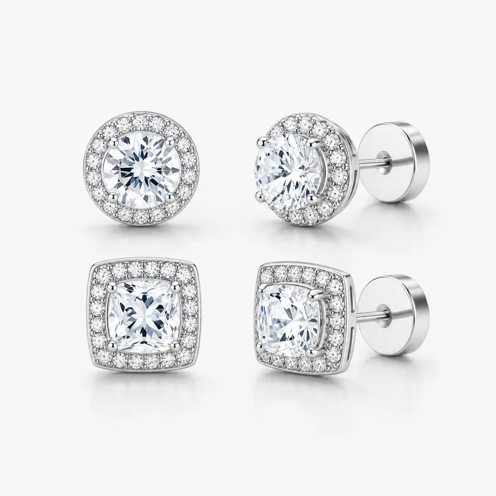 4-Piece Copper Zircon Halo Stud Earring Set with Ear Backs and Jewelry Box