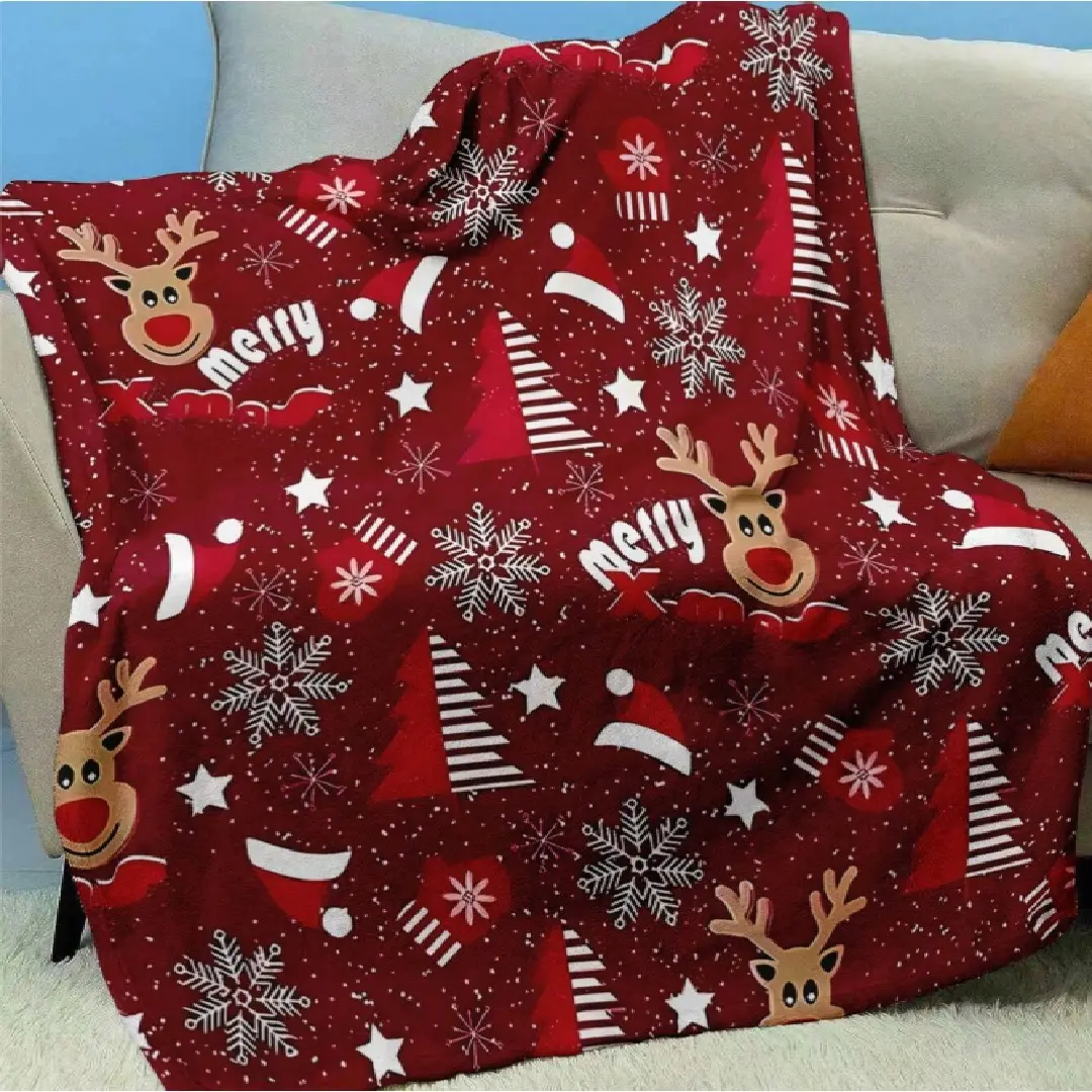 Christmas Fleece Blanket, Red with Santa Claus, Christmas Tree and Snowflake Patterns, Ultra‑Soft Warm Throw Blanket, Decorative Blanket for Sofa & Bed, Christmas Holiday Gift, Home Leisure Blanket