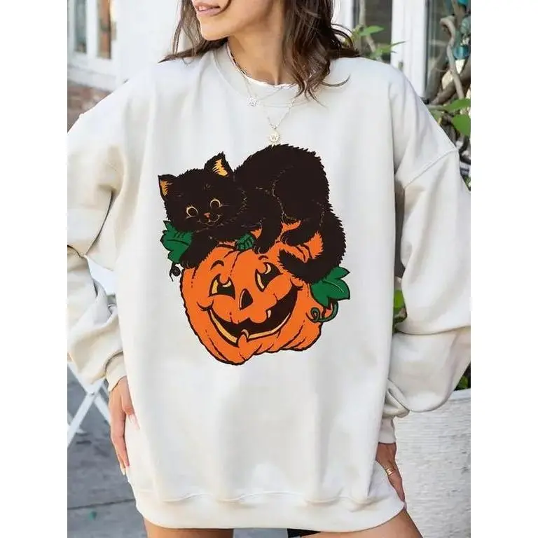 Women's Vintage Black Cat Pumpkin Crew Neck Sweatshirt - Casual Basic Fall Tops, Retro Halloween Spooky Pullover, Cozy Autumn Clothes, Round Neck, Polyester Blend