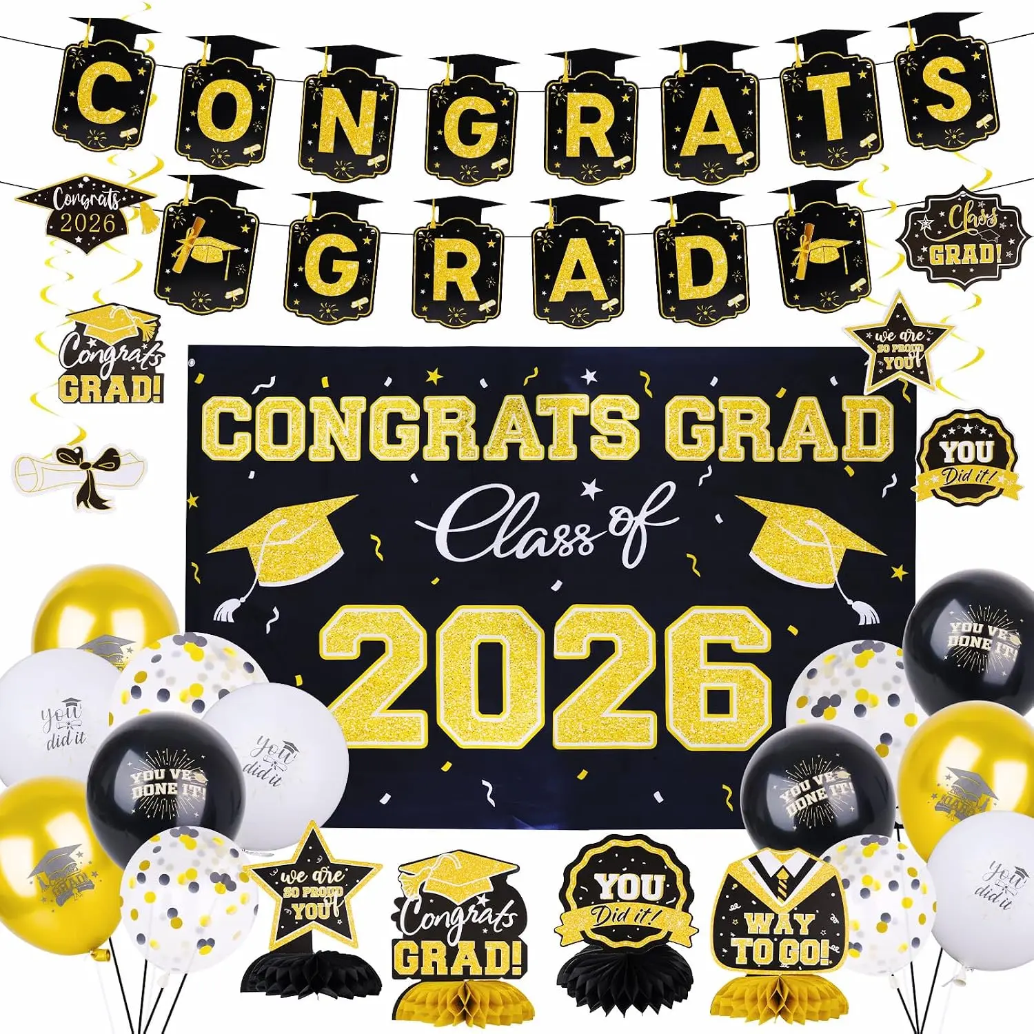 Class of 2026 Graduation Decorations Set - Large Reusable Vinyl Congrats Grad Banner Backdrop, Swirls, Centerpieces, Black Balloons for High School Grad Party Supplies