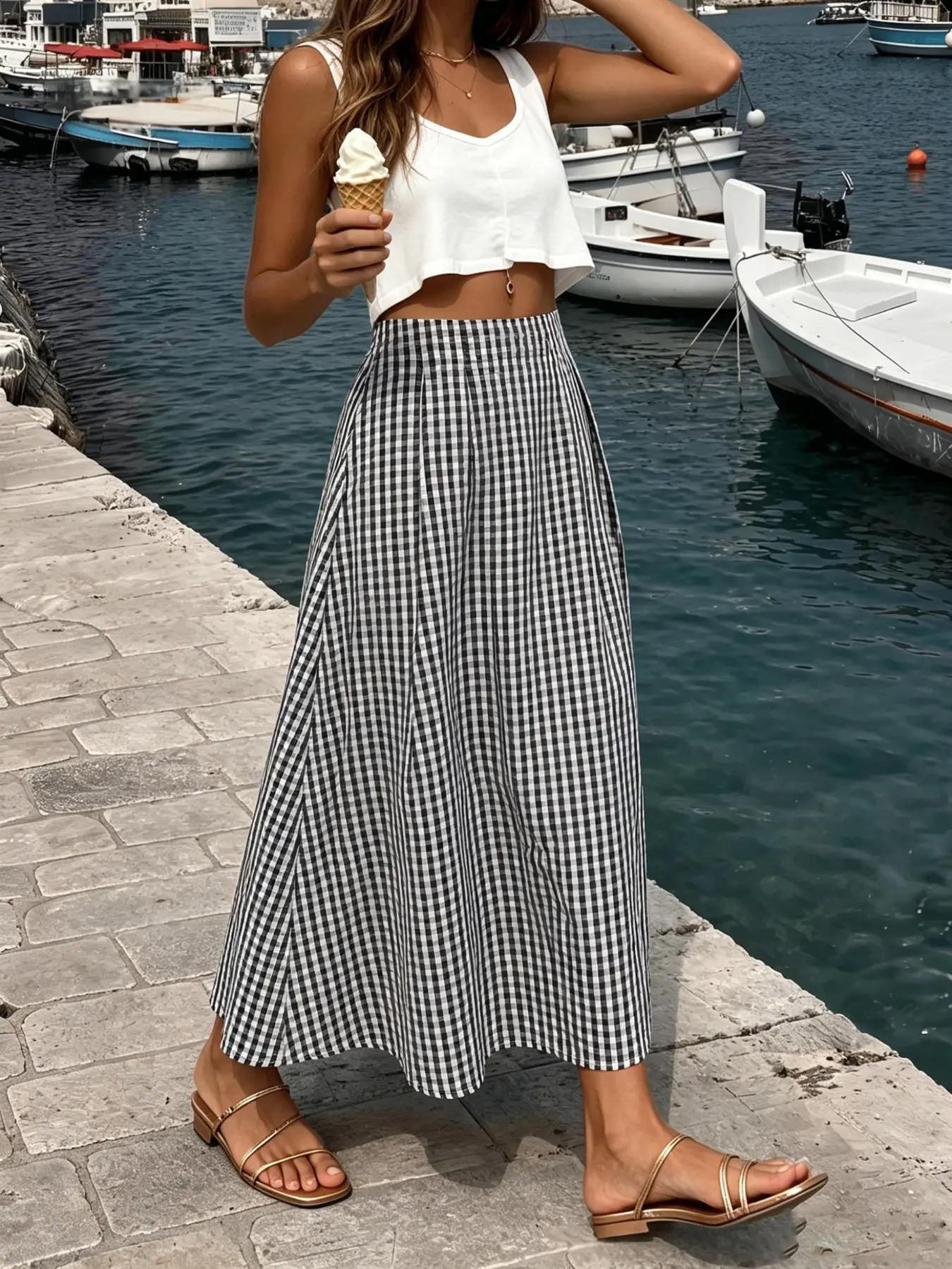 High Waist Pleated A-Line Hem Plaid Skirt, Elegant Chic Loose-Fit Women's Skirt for All Seasons