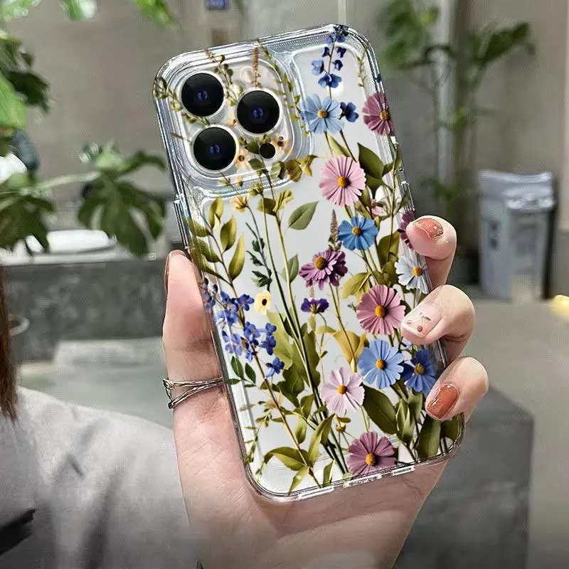 Clear Wildflower Phone Case For iPhone 16 15 14 13 12 11 Pro Max Colorful Daisy Blue Floral Print Shockproof TPU Cover