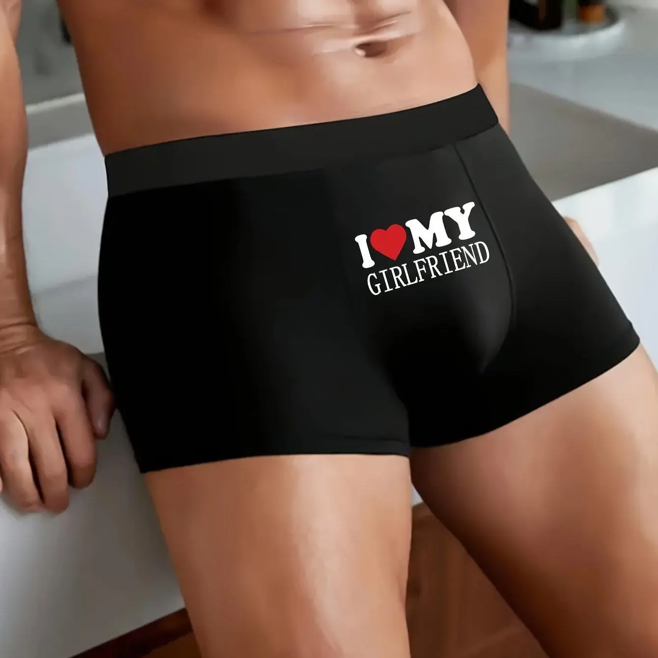 Men's Mid-Rise Boxer Briefs - Black, Smooth, Minimalist Menswear Underwear, Breathable Thin Polyester Fabric, Stretch Letter & Heart Prints ("I LOVE YOU", "MY GIRLFRIEND", "MYGF"), Durable, Machine Washable Casual Style