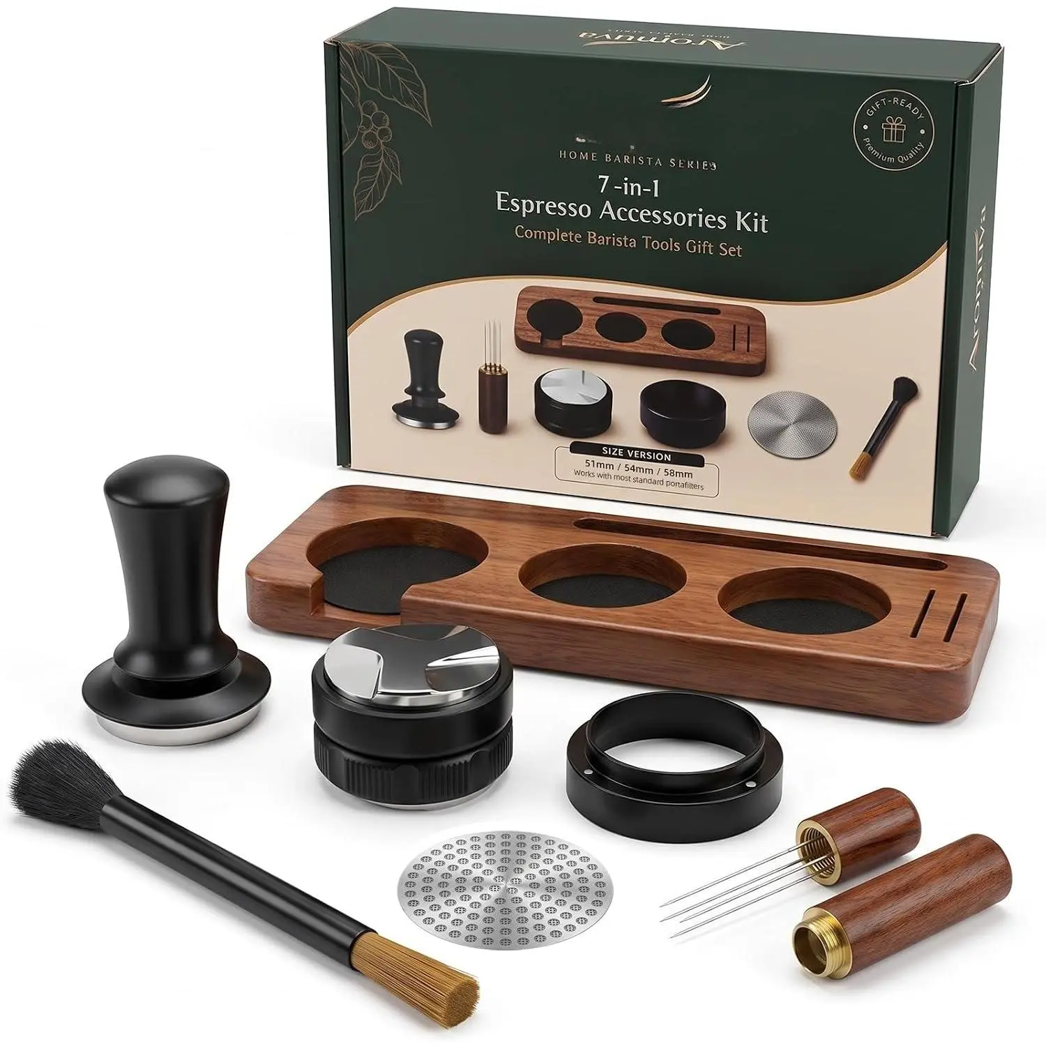 7 count Espresso Accessories Kit - 54mm Espresso Tamper Kit with Distributor, Tamping Station, WDT Tool, Funnel, Puck Screen & Brush - Espresso Machine Accessories for 54mm Portafilter