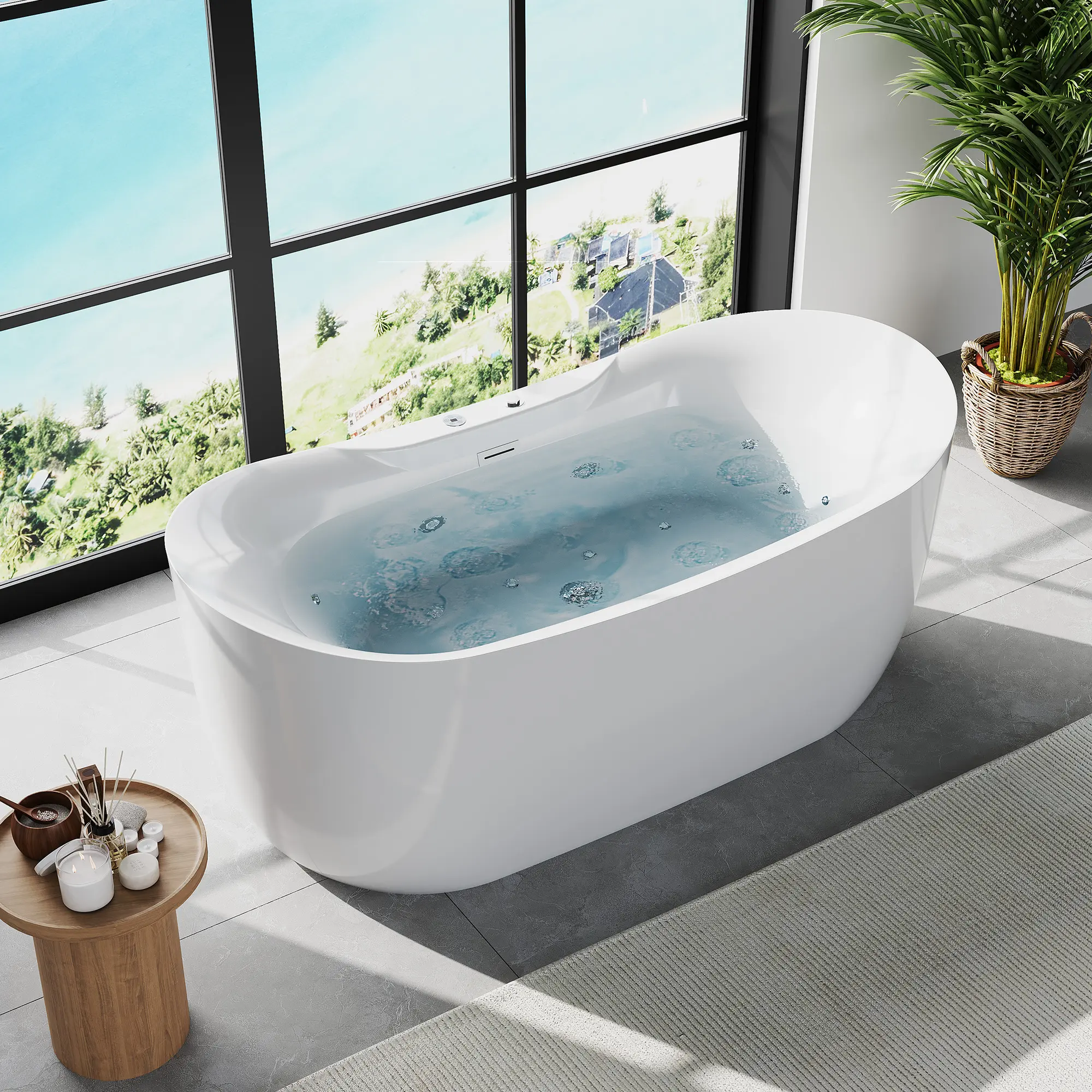 Freestanding Jetted Whirlpool Bathtub with Air Bubble Massage, Acrylic Heated Soaking Tub with LED Lights, Touch Controls & Thermostat
