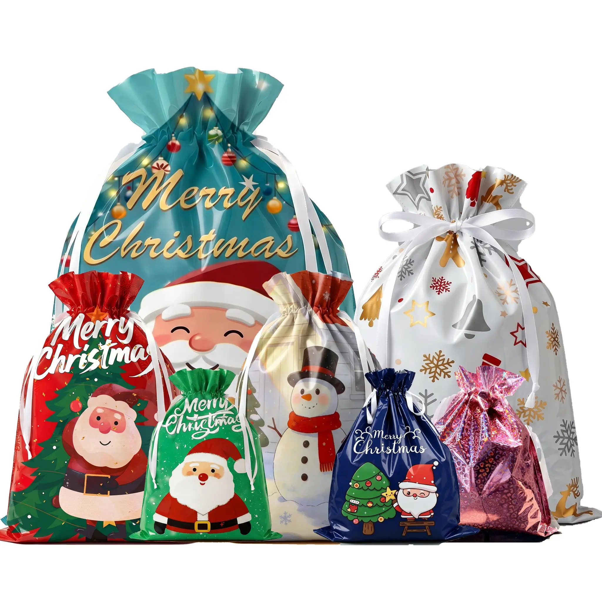 21 Pcs Christmas Gift Bags Set, Santa Claus & Snowman Designs, Plastic Material, Ideal for Holiday Parties, Gifts, Goodie Candy Bags, Candy, Snack Packaging