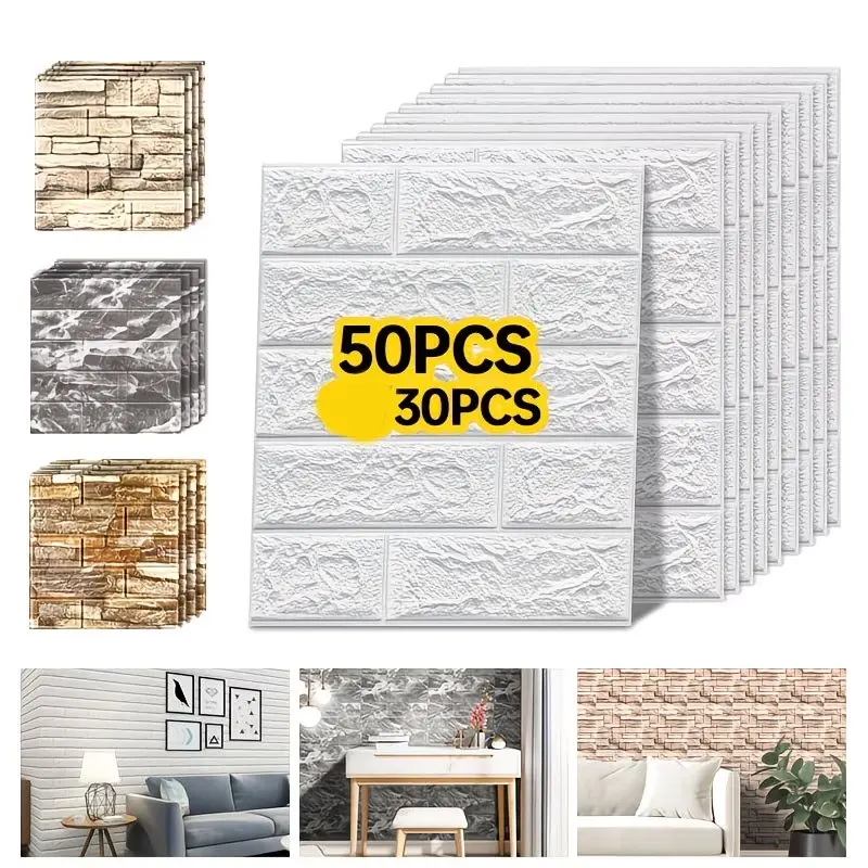 30/50pcs Self-Adhesive 3D Brick Pattern Wall Stickers, Foam Brick Peel And Stick Wallpaper, Easy Peel & Stick, Modern Irregular Foam Design, Durable Surface, Home Decoration