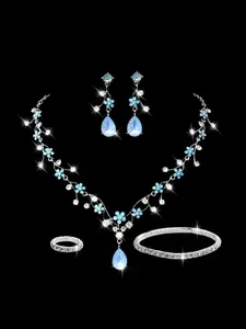 3-piece Starry Sky Lily Blue Water Diamond Starry Sky Jewelry Set, Elegant Women's Cool Clavicular Chain Jewelry Set (1 necklace+2 earrings)