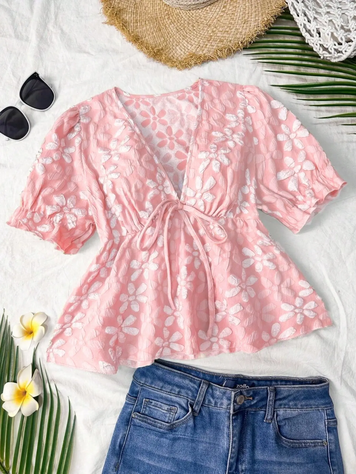 1 Piece Women V Neck Front Tie Puff Short Sleeve Floral Embossed Peplum Blouse Casual Vacation Top No Necklace