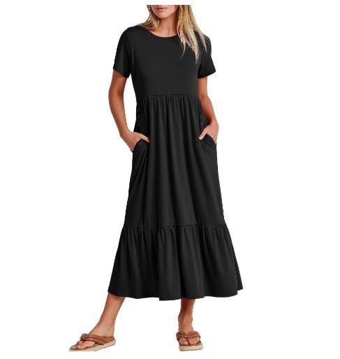 Classy Round Neck Ruched Bodice Solid Flowy A-Line Long Dress