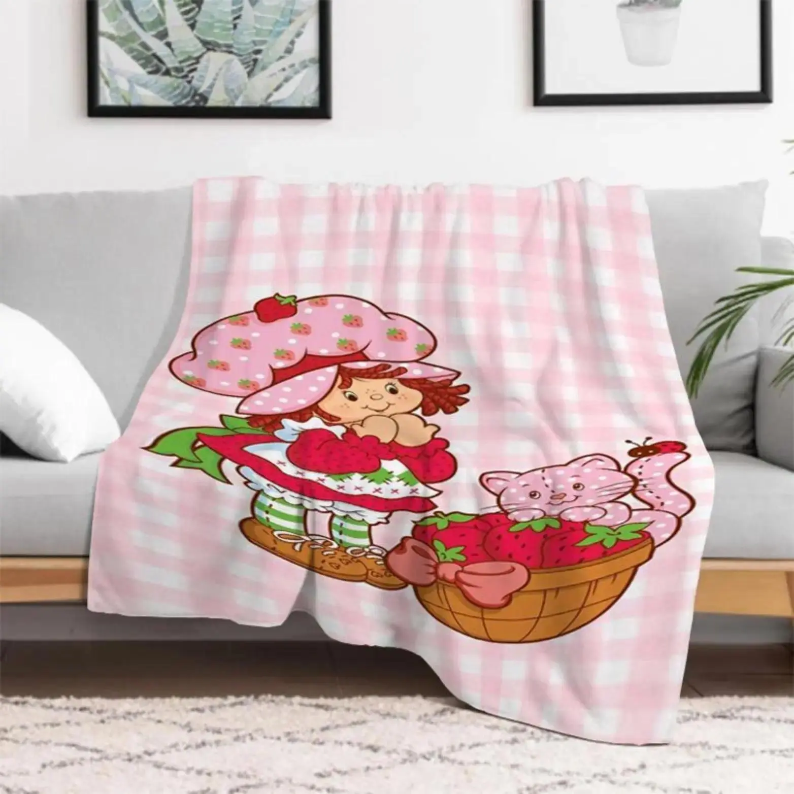 Strawberry Shortcake Flannel Throw Blanket, fuzzy soft blanket cooling blanket, Pink Plaid Fluffy Multi-purpose blanket for Camping Chair Sofa Picnic, perfect christmas gift anniversary birthday gift cartoon home decor