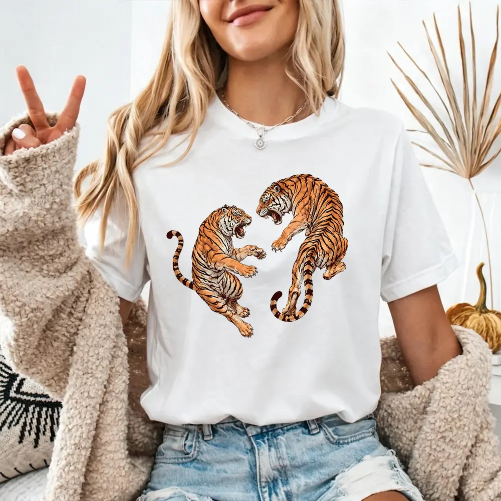 Women's Vintage 100% Cotton Oversize Short Sleeve Round Neck Dual Fighting Tigers Graphic T-Shirt - Japanese Tattoo Art Front Print, Retro Streetwear Fabric, Unisex Everyday Top