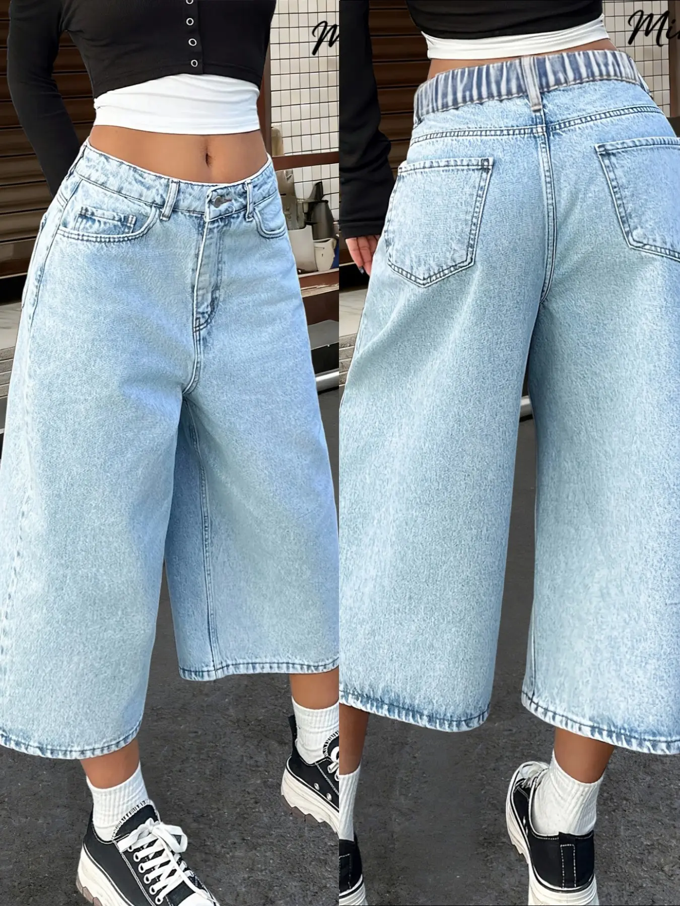 2026ss Women's Wide Leg Seven-Eighths Denim Jeans, Casual Non-Stretch Loose Fit Jean Shorts, Side Elastic Waist, Comfortable and Stylish