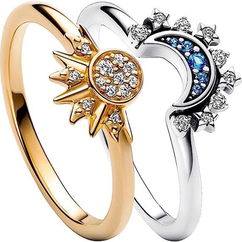 European American Simple Shiny Sun Moon Blue Inlaid Crystal Celestial Couple Stackable Ring Set