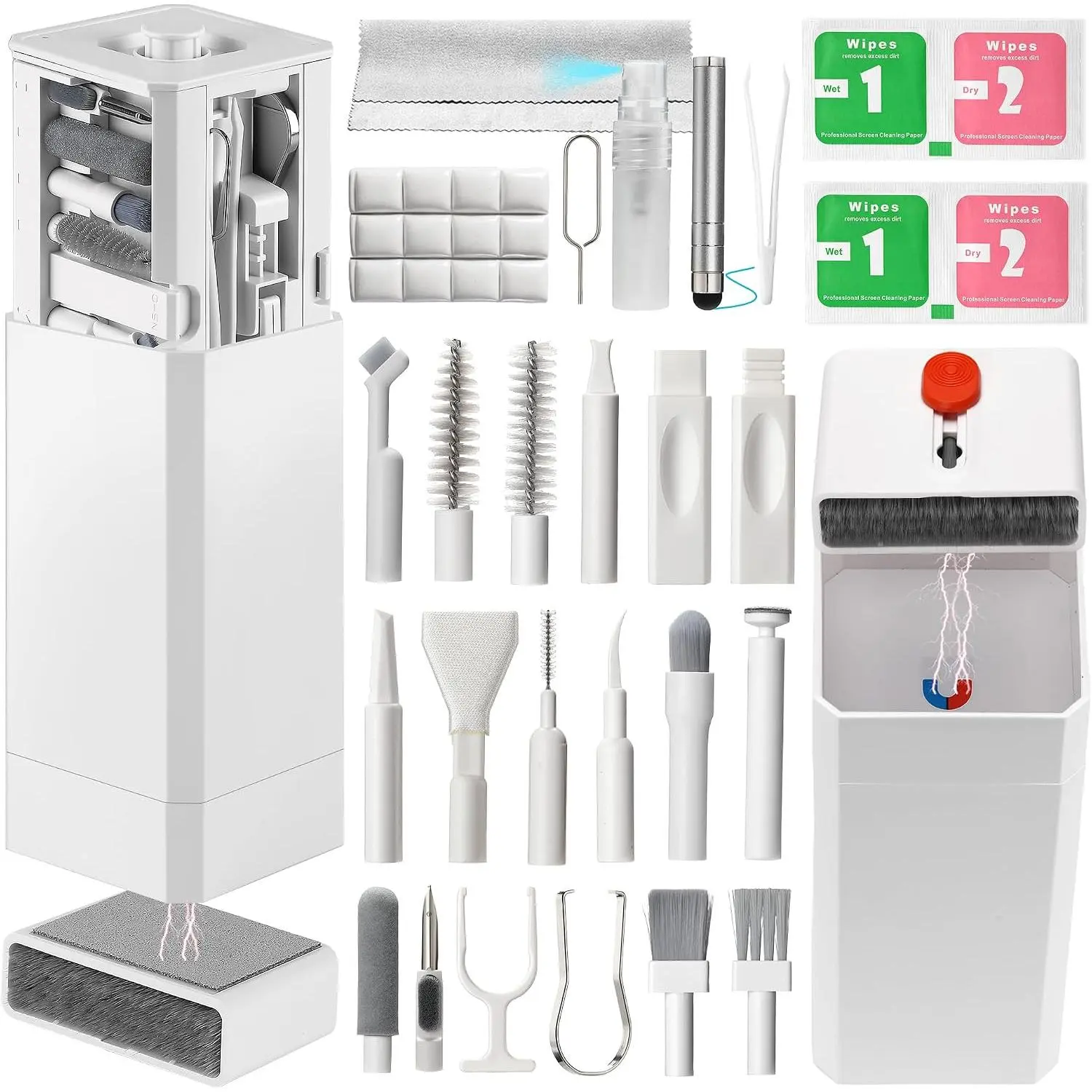Portable Upgraded Multi-Count Electronics Cleaning Kit - Smartphone, AirPod & Camera Cleaner with Brush, Cloth for Port/USB-C/Speaker, Laptop Keyboard & Screen, Tech Gift for Men (White), Lens