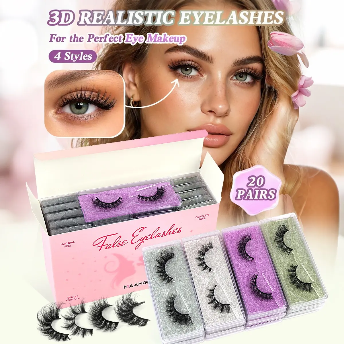 MAANGE 20 Pairs 4 Styles 3D Realistic False Eyelashes, D Curl Thick & Curly Faux Mink Lashes, Lightweight with Soft Cotton Band, Comfortable All-Day Wear, Natural Eye Enlargement, Reusable for Daily & Cat-Eye Makeup