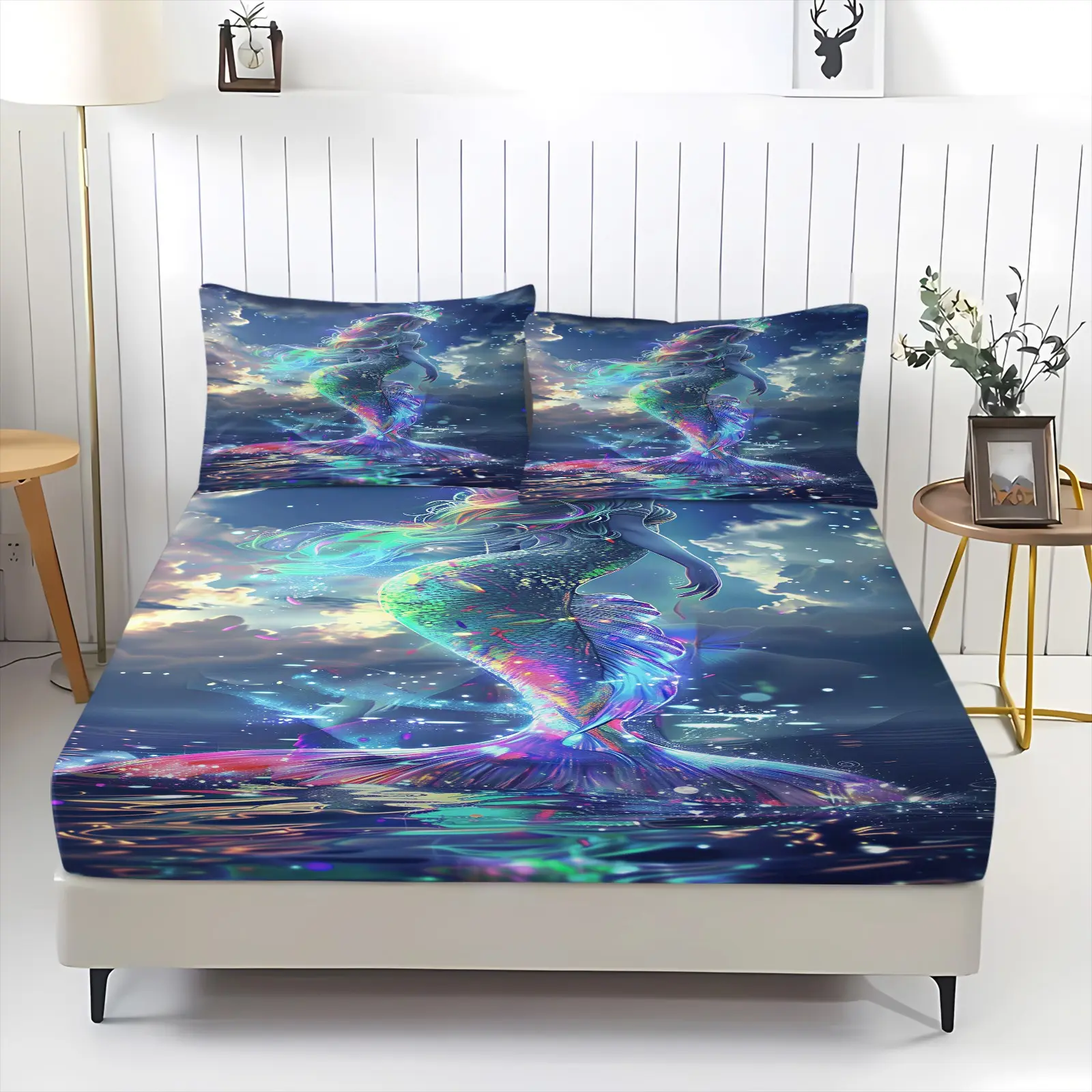 3Pcs Cartoon Dreamy Mermaid Style Fitted Sheet Set, Machine Washable, Mattress Protection Design, Suitable for All Ages, All-Season Bedroom Decor (Pillows Not Included)