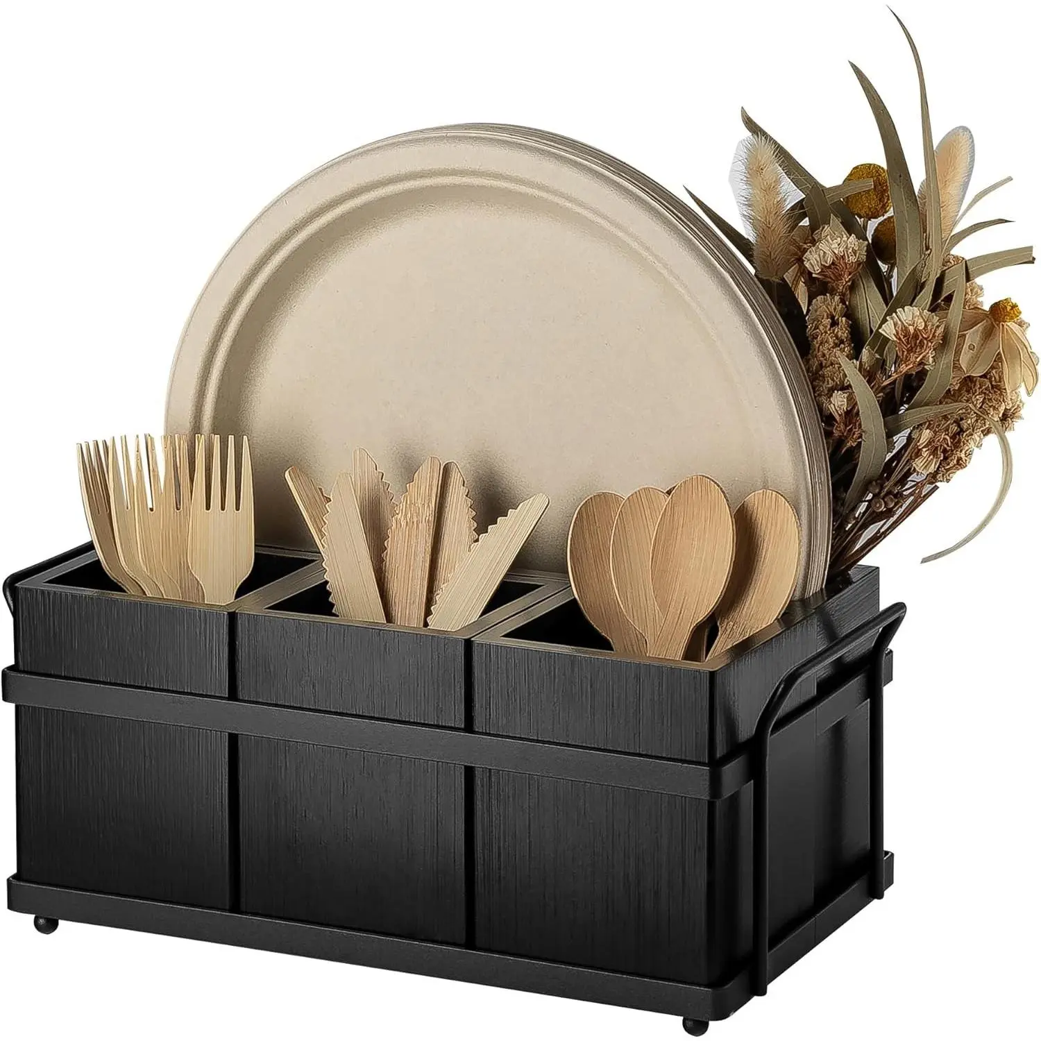 Black Wooden Kitchen Silverware Caddy - Metal-Accent Indoor Furniture Organizer with Paper Plate Dispenser for Spoons, Forks, Napkins - Ideal Wedding Gift