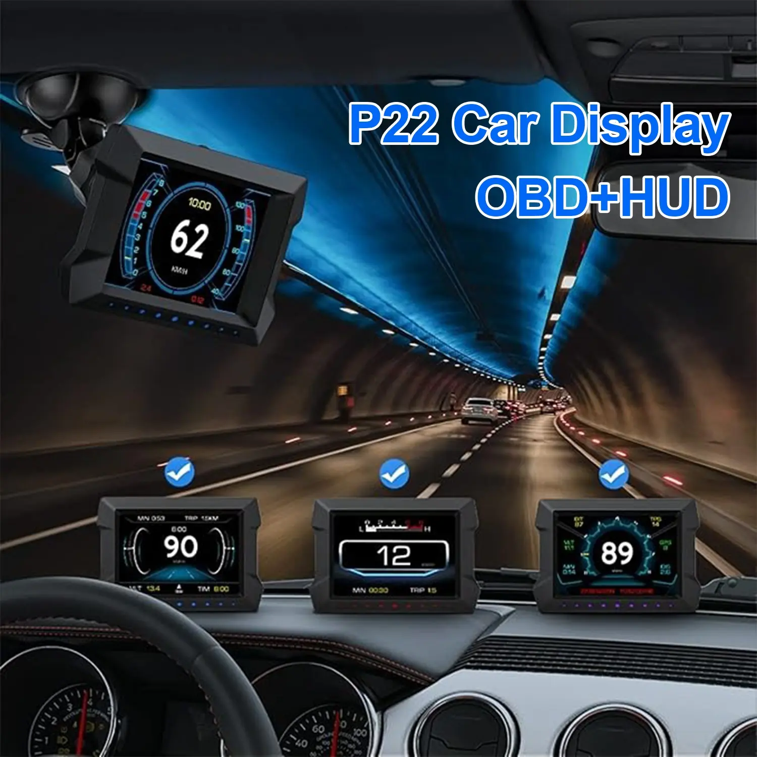 P22 Car Hud Display, Obd2 + GPS Speedometer, Shows Speed, Distance, Rpm, Water Temp, Voltage, Engine Fault, Over-Speed Alert, 360° Rotating Mount