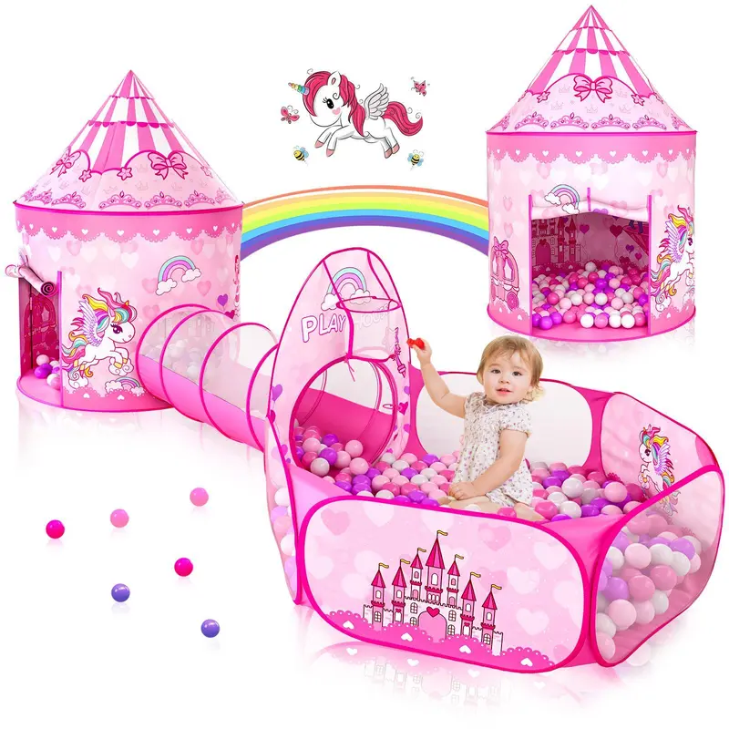 Sumbababy 3PC Princess Tent for Girls with Kids Ball Pit & Crawl Tunnel Pink Pop Up Playhouse Toys Indoor Outdoor Birthday Christmas Gifts Inflatable Bounce House(No balls included)