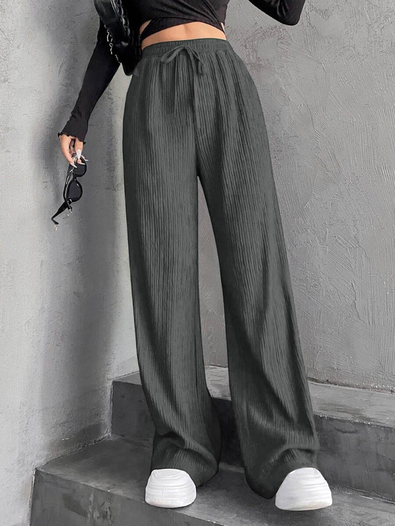 Women's Textured Tie Front Elastic Waist Straight Leg Pants, Casual Comfy Trousers for Daily Wear, Ladies Bottoms for All Seasons