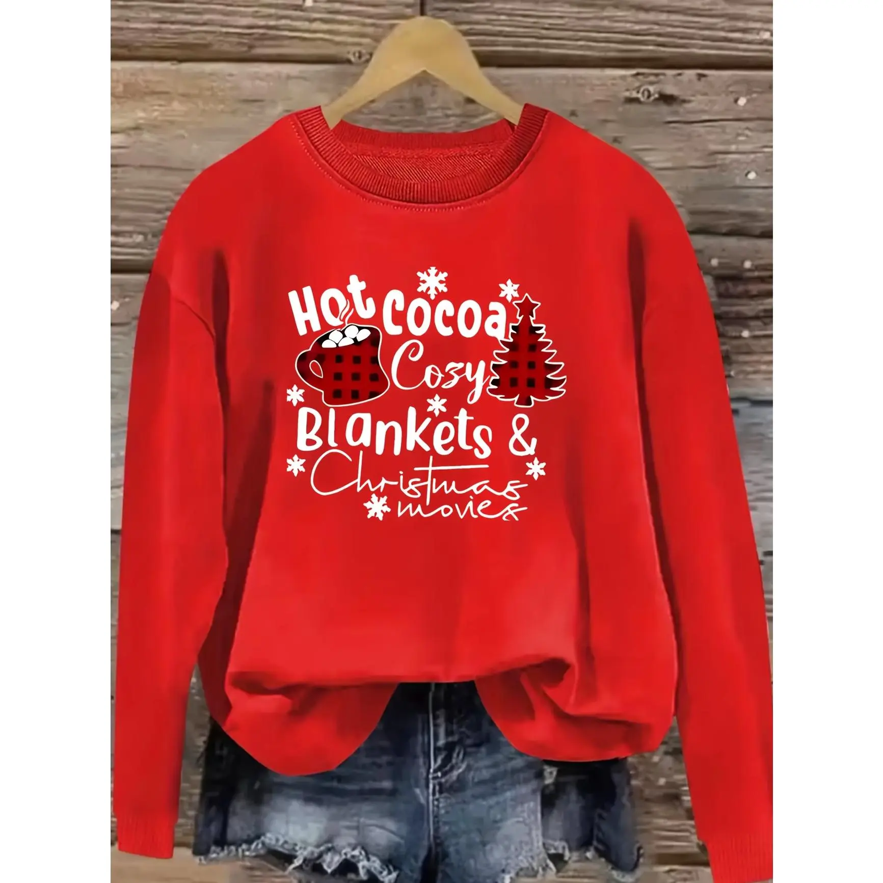 Hot Cocoa Christmas Movie Graphic Oversized Cotton Crewneck Sweatshirt,Cozy Xmas Printed Craft Sweatshirt,Comfort Long Sleeve Top,Warm Cute Fashion Outfit For Men Women,Perfect Christmas & Valentine’s Day Gift For Him Her,Best Holiday Present For Family F