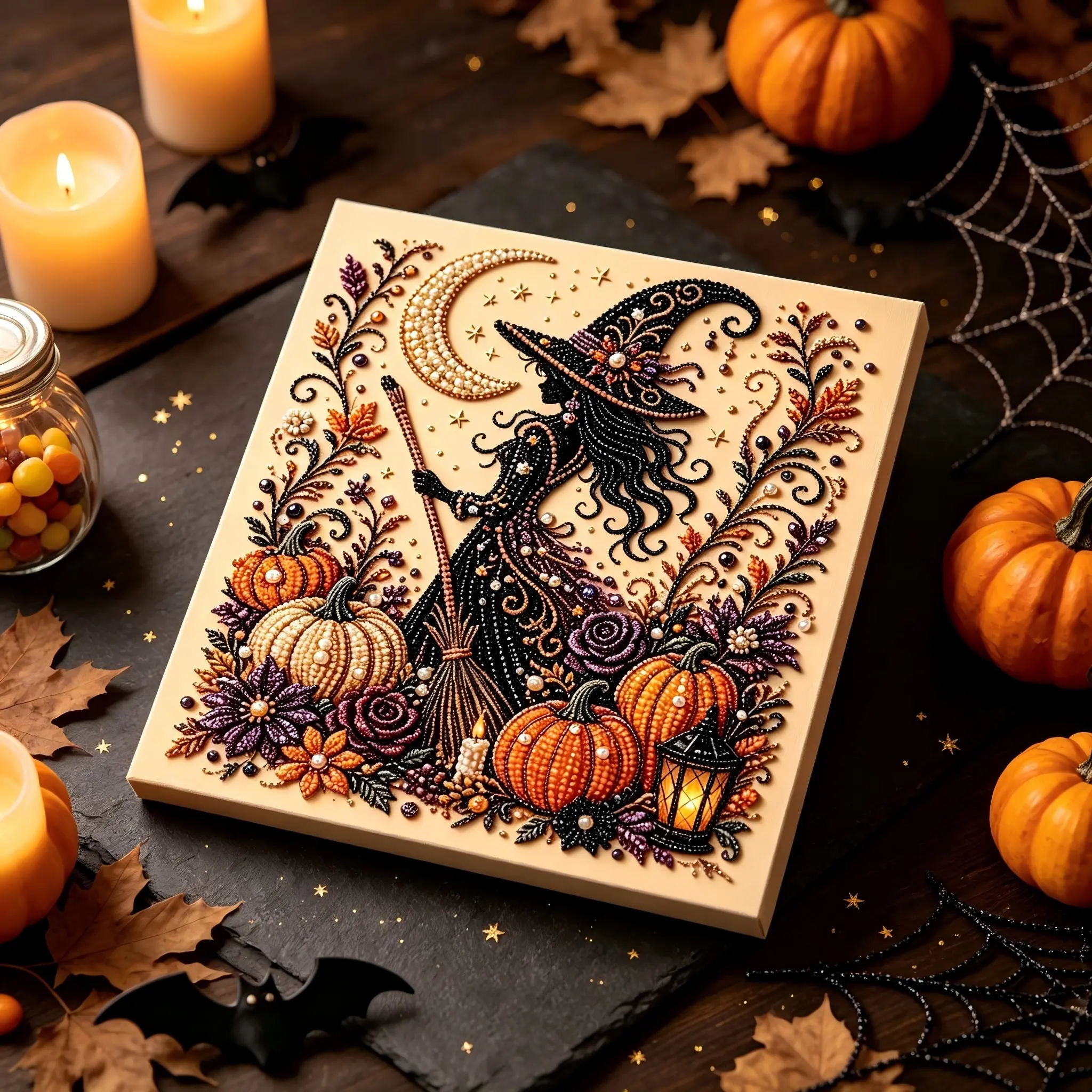 1 Set Halloween Ghost Pearl Painting DIY Kit, Pumpkin/Black Cat/Ghost/Witch/Skull/Bat/Highland Cow Pattern Diamond Painting, Handcrafted Home Decor Item