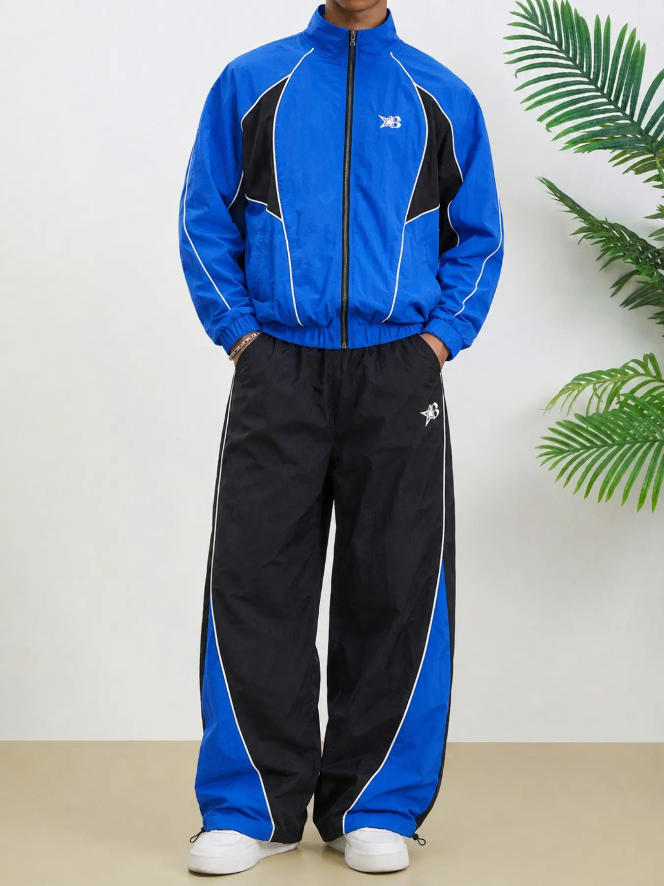 Men's Gorpcore Windbreaker Jacket and Track Pants Set | Contrast Piping Detail Waterproof Lounge Set | Loose Fit Sporty Two Piece Outfit for High Street Hip Hop Style Casual Loose Tracksuit Casual Sports Tracksuit
