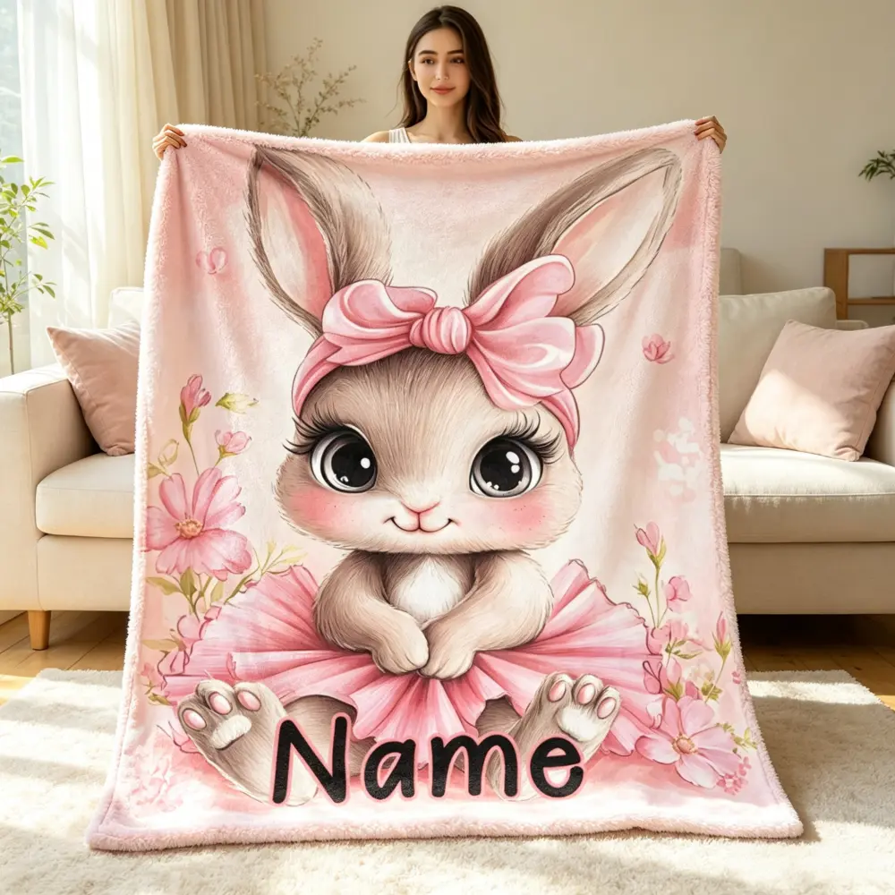 Personalized Bunny Blanket - Customize with Name/Text - Light Pink and Brown Floral Bunny with Bow - Lightweight travel blanket, perfect for decorating sofas/couch beds/bedrooms with super soft fabric. A wonderful gift for children, family, and friends.