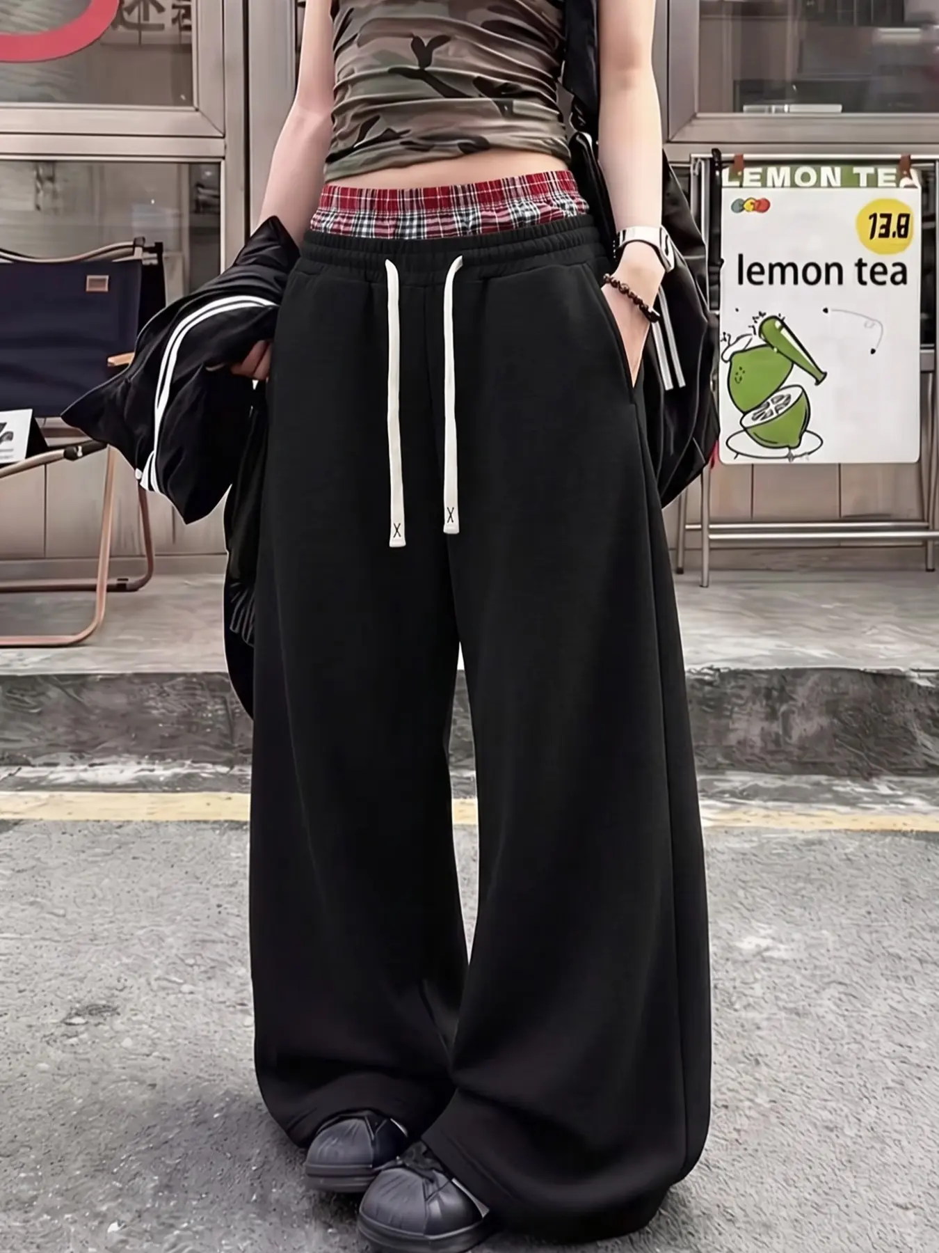 Y2K Girl Soft Knit Breathable Plaid Double Waist Drawstring Baggy Wide Leg Sweatpants Y2K Grunge Streetwear/Daily Lounge/Hip Hop Dance Oversized Figure Friendly Deep Side Pockets High Waist Tummy Control, Casual Fashion Trousers