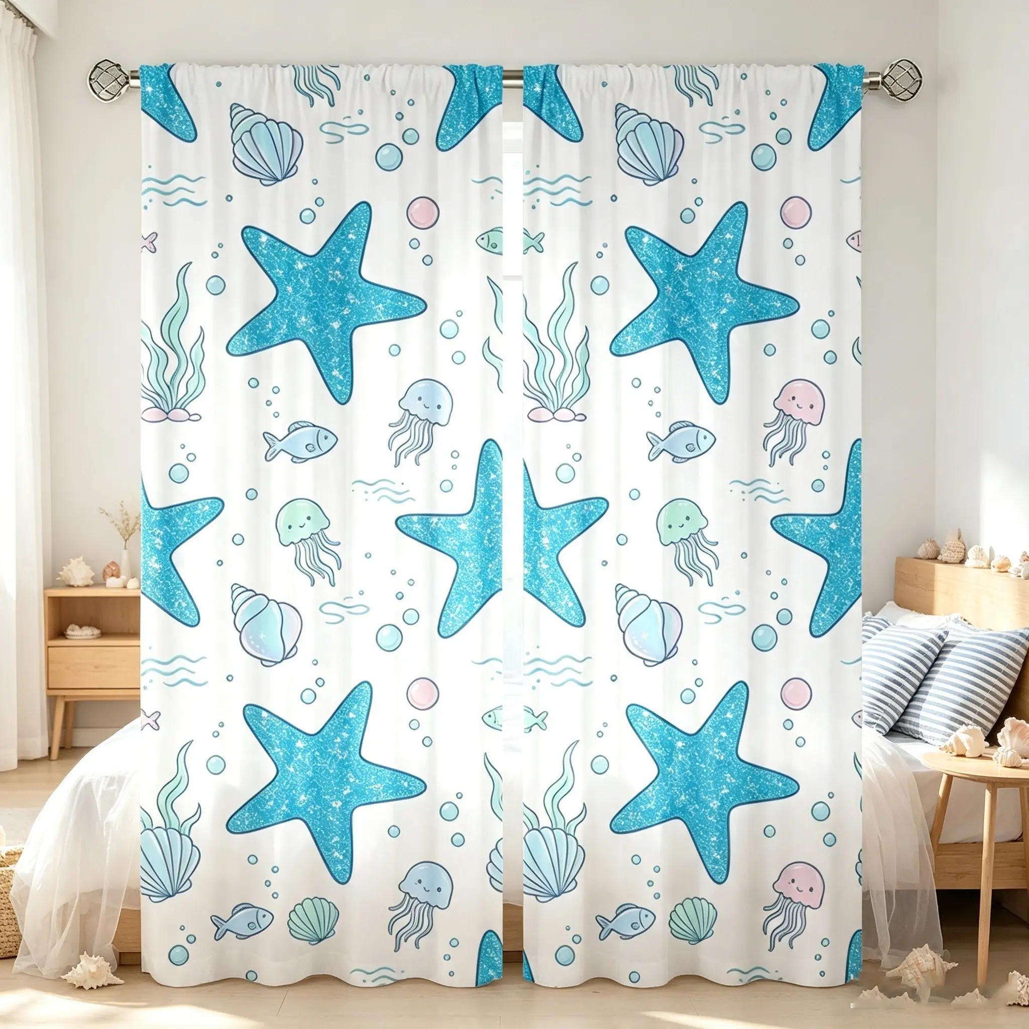 2-piece 2D flat cartoon sea shell and small fish thin curtain, featuring sparkling starfish design with slight translucency but not see-through, suitable for soft furnishing in girls' bedrooms and general household use