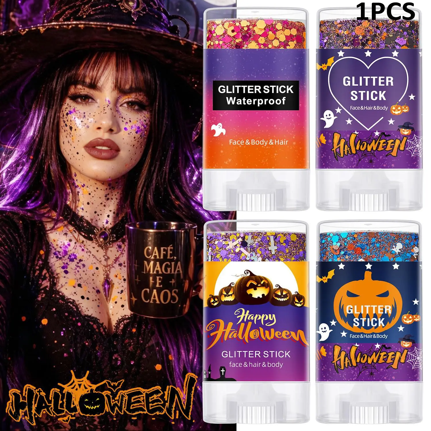 Halloween Glitter Stick Waterproof Shimmer Sequins Gel, Pumpkin Ghost Spider Design Portable Twist-up Cosmetic Glitter Multi-use Shimmer Glitter for Face Hair Body Shimmering Body Makeup Witch Costume Party Halloween Cosplay Festival Party Makeup