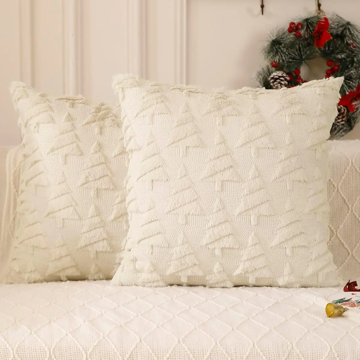 Christmas Decorative Pillow Covers 18x18 Set of 2, Xmas Navidad Ornaments Soft Plush Faux ,Decorations Winter Holiday Couch Cases  Decor for Sofa Livingroom Bed,Beige