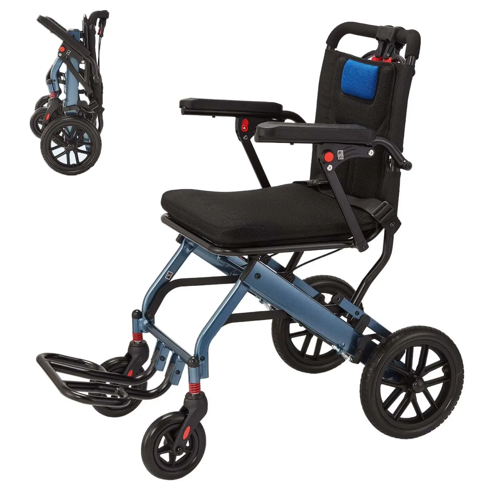 Aviation Aluminum Lightweight Mobility Chair, Wide Body Frame, Shock Absorption 10" PVC Rear Wheels, Soft 16" Wide Seat, Double Step Brake, Reliable Daily Travel Assistance Wheelchair