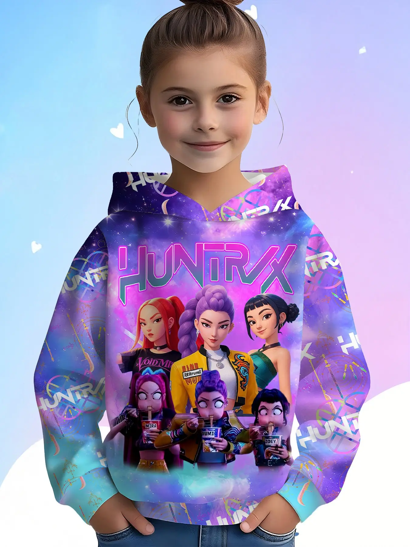 Little Girls Huntrix Galaxy Nebula Graphic Hoodie, Kids Anime Long Sleeve Hooded Pullover, Casual Loose-Fit Fall Winter Sweatshirt
