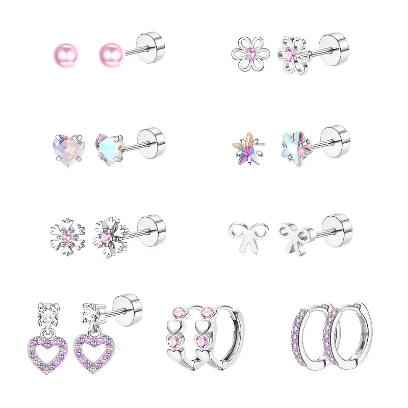 2D Flat, Multipairs Hypoallergenic Flat Back Earrings for Women - Surgical Stainless Steel Earrings for Sensitive Ears- Cute Flatback Stud Earring Set Small Hoops Cartilage Earring Stacks