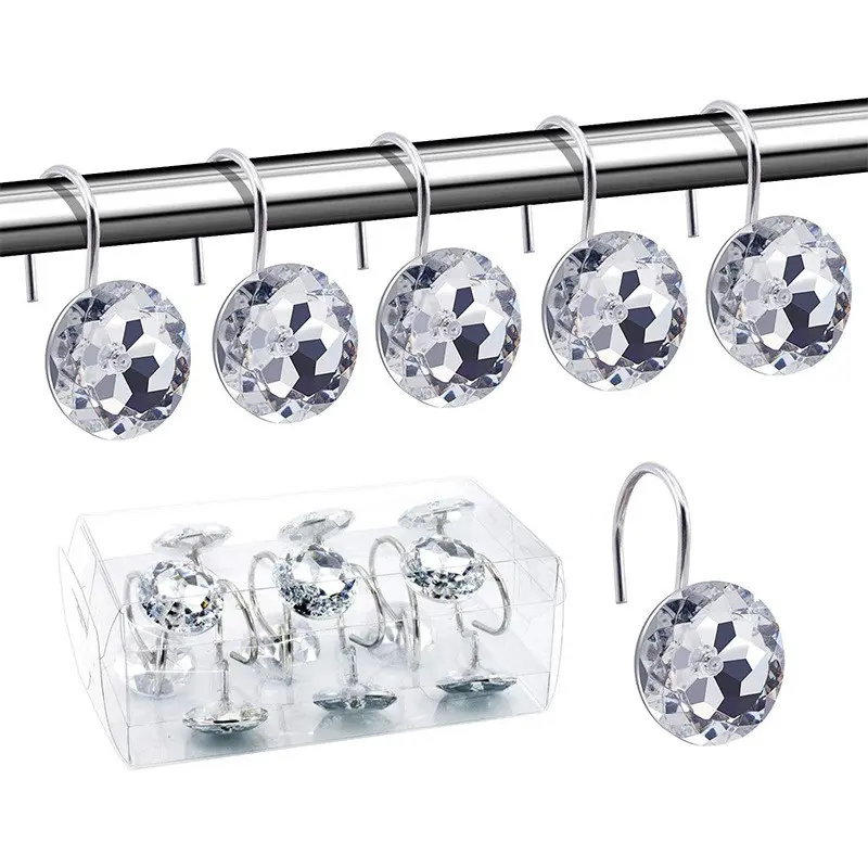 12 Stainless Steel Shower Curtain Hooks with Decorative Clear Acrylic Gem Decor, Elegant Bathroom Accessories, Fashionable Hooks, Luxurious Shower Liner, Elegant Accessory