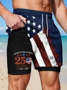 Men's Two-In-One Quick-Dry Beach Shorts, Beach Trunks, Usa 250th Anniversary Flag Print, Drawstring Casual Summer Shorts, Loose-Fitting, Graphic Pattern