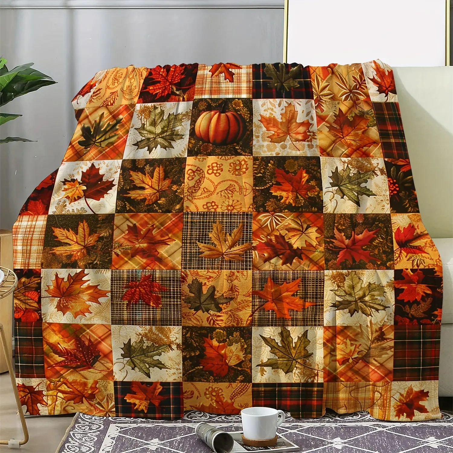 Autumn Maple Leaf Pumpkin Plaid Patchwork-style Print Flannel Blanket Soft Warm Throw Plush Blanket Fall Harvest Farmhouse Decor Bedroom Couch Nap Blanket Giftable Thanksgiving Seasonal Patchwork Blanket For Room Party Day Gift Popular Home Blanket