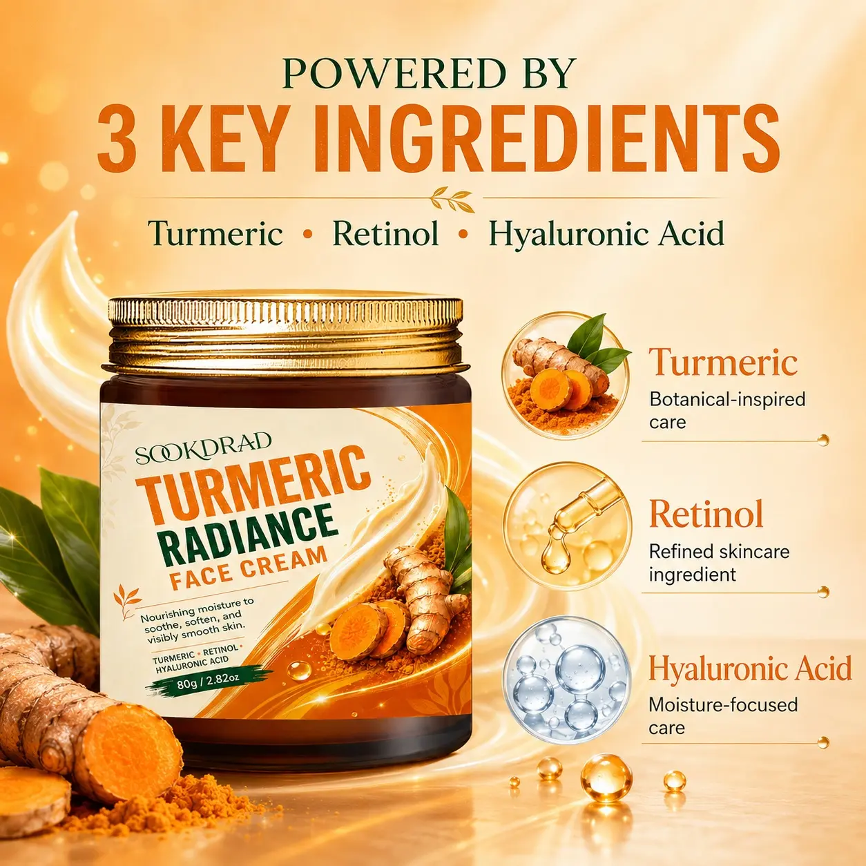 Turmeric Radiance Face Cream, Turmeric, Retinol, Hyaluronic Acid, nourishing moisture, Moisturizing, soothe skin, soften skin, visibly smooth skin, facial care, 2.82oz, 80g